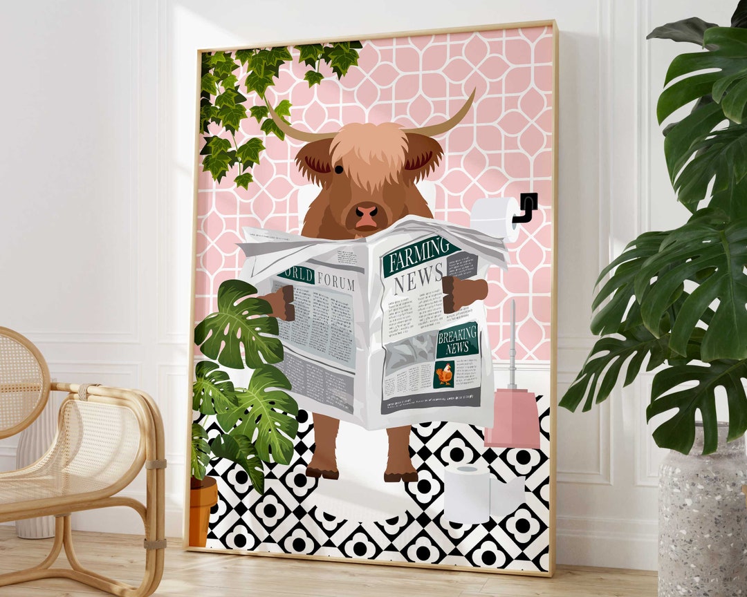 Highland Cow on Toilet Bathroom Wall Art, Animal in Tropical Bathroom ...