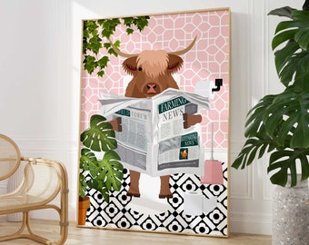 Arte mural para baño con vaca de las Tierras Altas en el inodoro, impresiones de animales en baños tropicales, decoración maximalista de baño con temática de jungla colorida, impresiones para inodoros A4