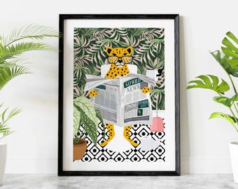 May include: A framed illustration of a leopard wearing glasses and reading a newspaper titled "Go Wild News" while sitting on a toilet. The background is a jungle scene with green and pink tropical leaves.