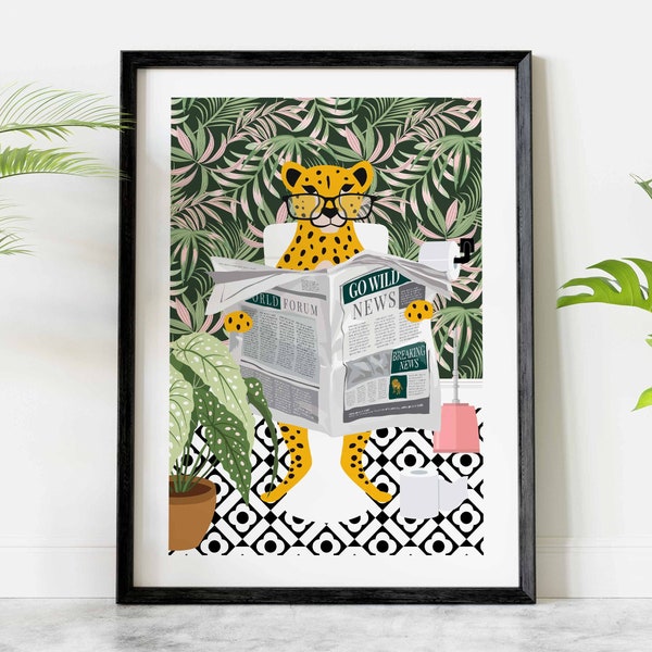 Cheetah on Toilet Bathroom Prints, Animal on Toilet Fun Bathroom Wall Art, Maximalist Tropical Boho Bathroom Decor, Cloakroom Toilet Art