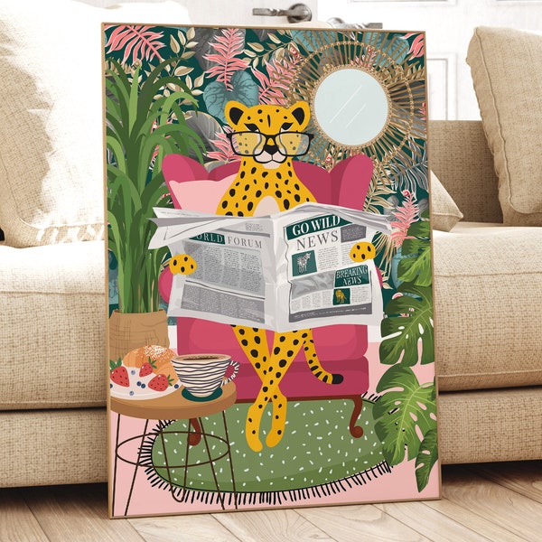 Cheetah Reading Newspaper Fun Animal Print, Colourful Botanical Animal Wearing Glasses Wall Art, Tropical Pink Living Room Eclectic Decor