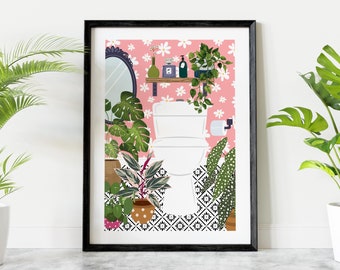 Botanical Bathroom Wall Decor, Cloakroom Toilet Art Print, Bathroom Wall Art Poster, Trendy Bathroom House Plant Printable, Maximalist Decor