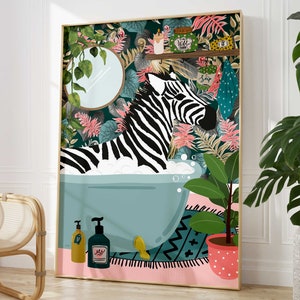 Zebra in bathtub bathroom animal print, maximalist animal in bath wall art, tropical safari bathroom prints, funny gifts, Toilet Art Decor