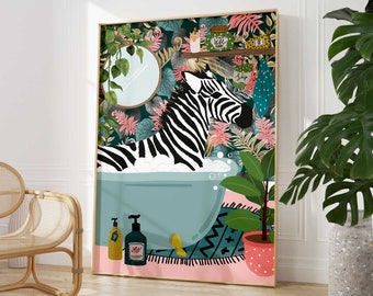 Zebra in bathtub bathroom animal print, maximalist animal in bath wall art, tropical safari bathroom prints, funny gifts, Toilet Art Decor
