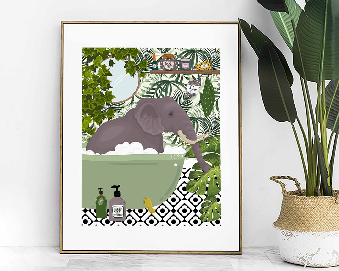 Elephant in Bathtub Bathroom Prints, Maximalist Animal in Bath Wall Art ...