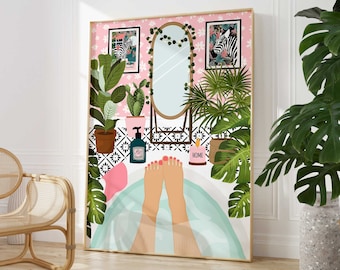 May include: A framed art print depicts a relaxing bathroom scene. The artwork features a person's feet in a bathtub, surrounded by potted plants, a mirror, and framed zebra prints. The color palette includes pink, green, and white.