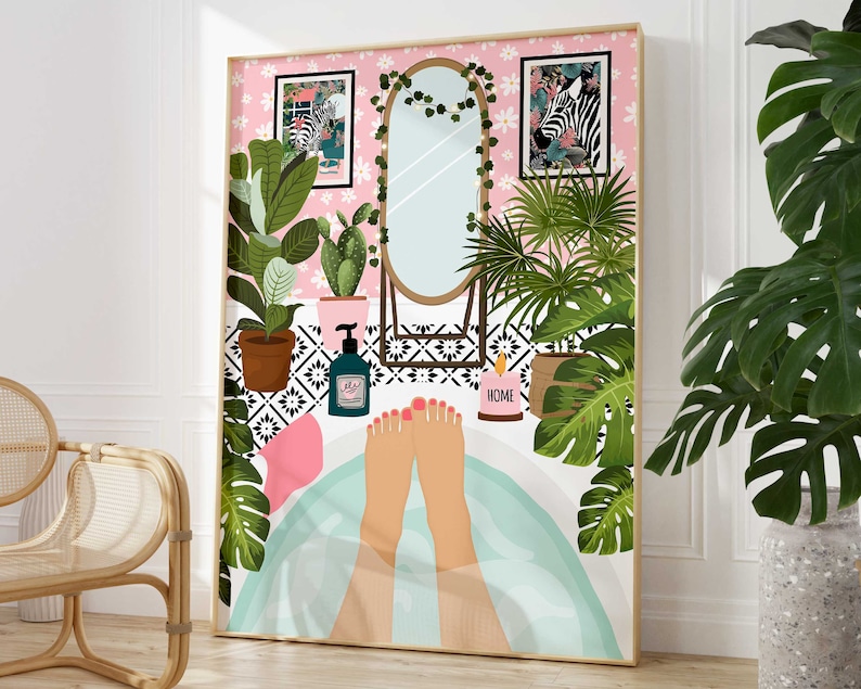 May include: A framed art print depicts a relaxing bathroom scene. The artwork features a person's feet in a bathtub, surrounded by potted plants, a mirror, and framed zebra prints. The color palette includes pink, green, and white.