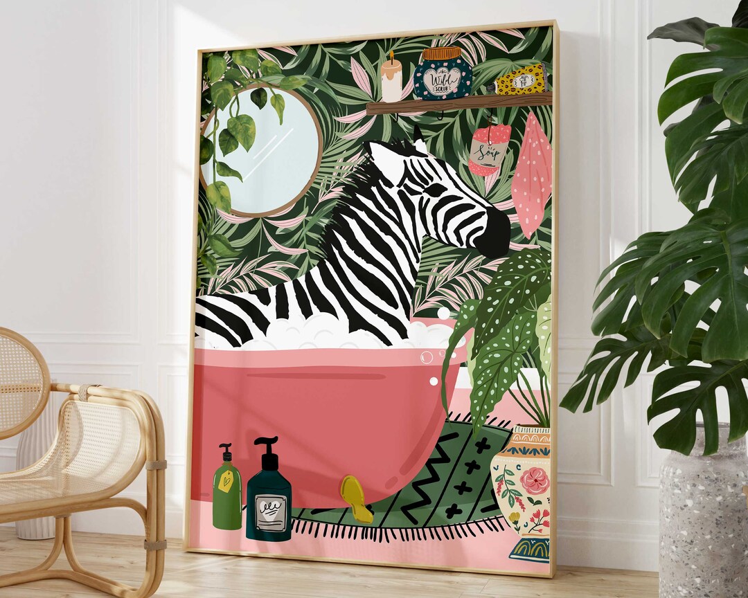 Zebra in Bathtub Boho Bathroom Print, Maximalist Animal in Bath Wall ...