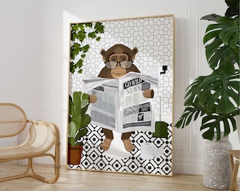 Monkey on Toilet Black and White Bathroom Print, Animal on Toilet Trendy Wall Art, Monochrome Printable Funny Bathroom Decor, Gift For Her