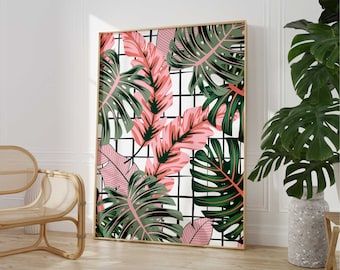 Abstract Tropical Leaves Wall Art, Pink Rainforest Botanical Print, Monstera Leaf House Plant Bathroom Decor, Above Bed Gallery Wall Art