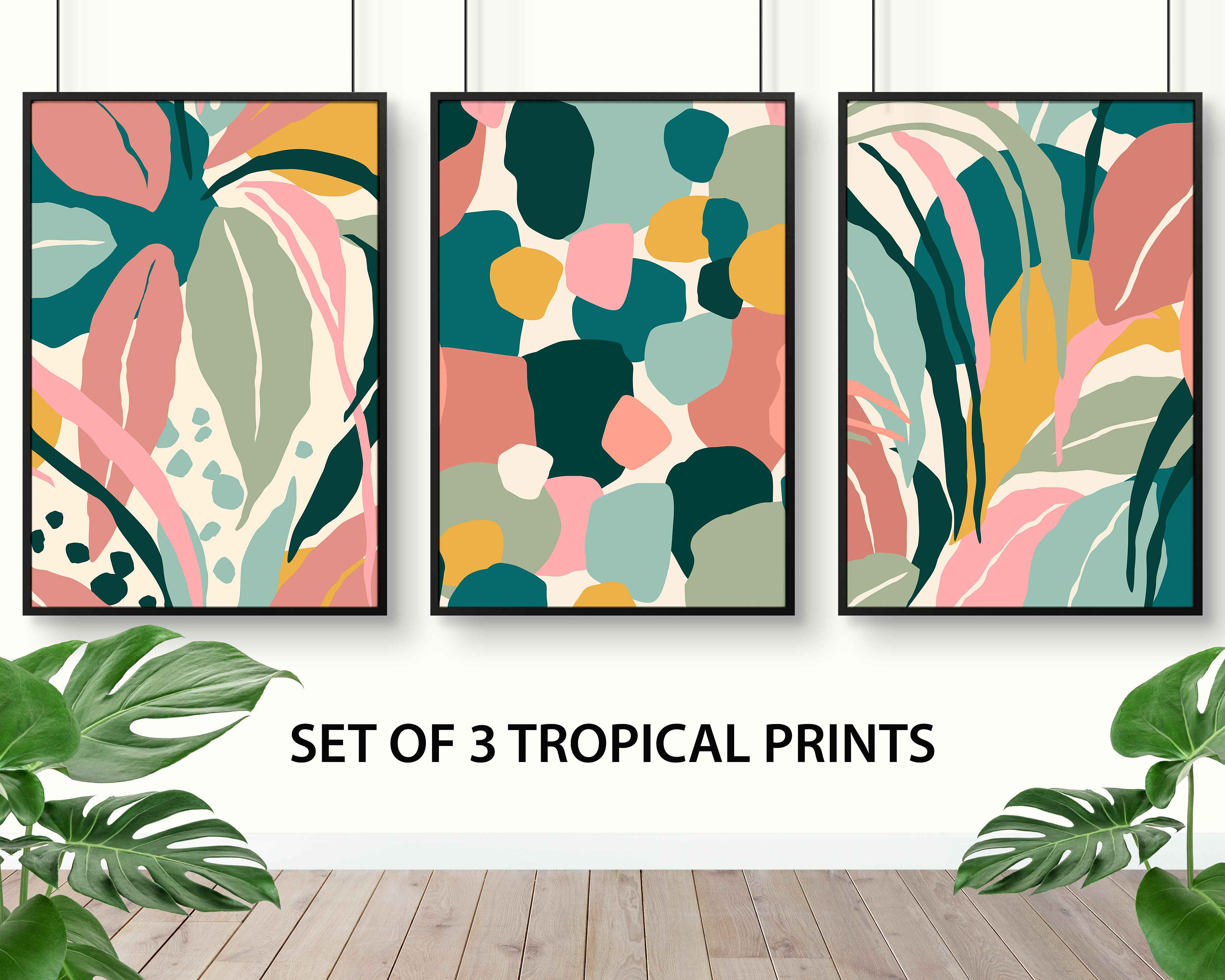Tropical Leaves 3 Piece Wall Art Print, Boho Botanical Abstract Leaf ...