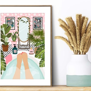 May include: A framed art print depicts a relaxing bathroom scene. The illustration shows a person's feet in a bathtub, surrounded by plants, a mirror, and framed zebra art. A vase with wheat stalks sits on a wooden surface.