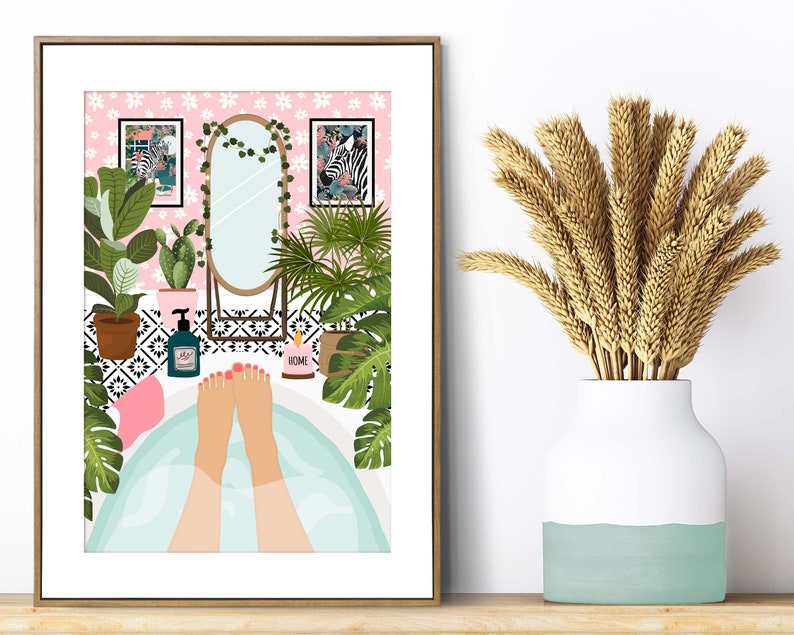 May include: A framed art print depicts a relaxing bathroom scene. The illustration shows a person's feet in a bathtub, surrounded by plants, a mirror, and framed zebra art. A vase with wheat stalks sits on a wooden surface.