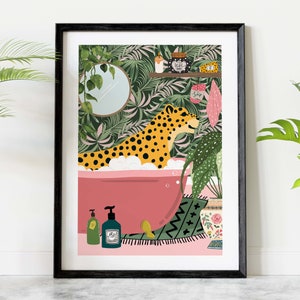 Leopard in Bathtub Botanical Animal Print, Maximalist Animal in Bath Wall Art, Tropical Bathroom Safari Printable, Jungle Eclectic Decor