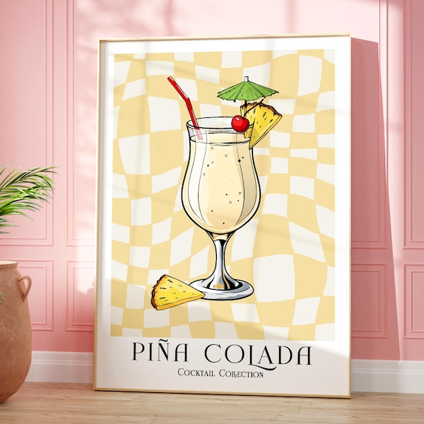 Pina Colada Cocktail Print, Colourful Bar Cart Gallery Wall Art, Retro Cocktail Poster, Kitchen Bar Drinks Wall Decor, Unique Gift For Her