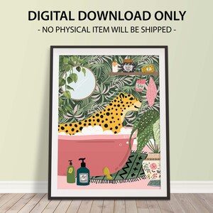 May include: A digital illustration of a leopard taking a bath in a pink bathtub surrounded by lush green tropical plants. The leopard is yellow with black spots and is sitting in the tub with its head sticking out. There are two bottles of soap and a rug with a floral pattern on the floor. The text "Soap" is written on a pink and white polka dot tag hanging from the tub.