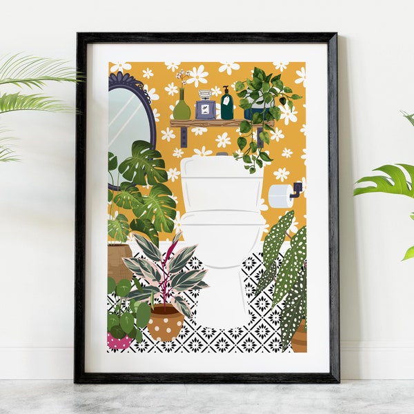 Arte de pared botánico para baño, aseo, lámina moderna para baño, lámina imprimible en ocre amarillo mostaza, lámina de plantas de interior estilo boho, decoración maximalista