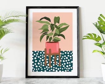 House Plant Botanical Boho Art Print, Nature Plant Lover Gift, Indoor Potted Plant Decor, Aesthetic Poster, Retro Plant Illustration Print
