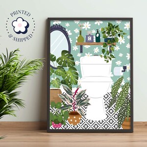 May include: A digital illustration of a bathroom with a white toilet, a mirror, a shelf with bottles, and various plants in pots. The bathroom walls are light green with a white daisy pattern. The floor is black and white patterned tiles.
