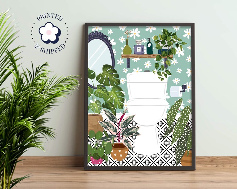 May include: A digital illustration of a bathroom with a white toilet, a mirror, a shelf with bottles, and various plants in pots. The bathroom walls are light green with a white daisy pattern. The floor is black and white patterned tiles.