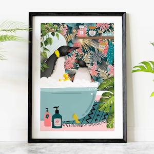 Pingüinos en la impresión del baño de la bañera, arte de la pared del animal en el baño, impresión del pingüino de los niños, decoración de la selva del baño imprimible azul tropical del baño boho