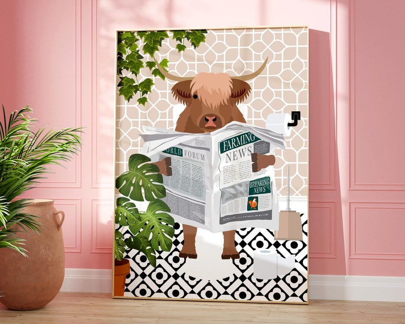 Highland Cow on Toilet Bathroom Wall Art, Animal in Tropical Bathroom ...