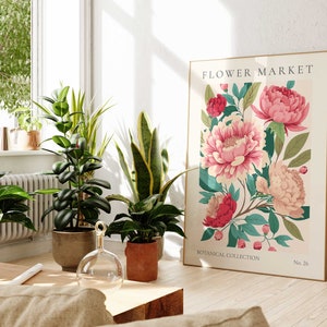 Pu&ograve; includere: Una stampa botanica con fiori rosa e bianchi, foglie verdi e il testo "FLOWER MARKET BOTANICAL COLLECTION No. 26".