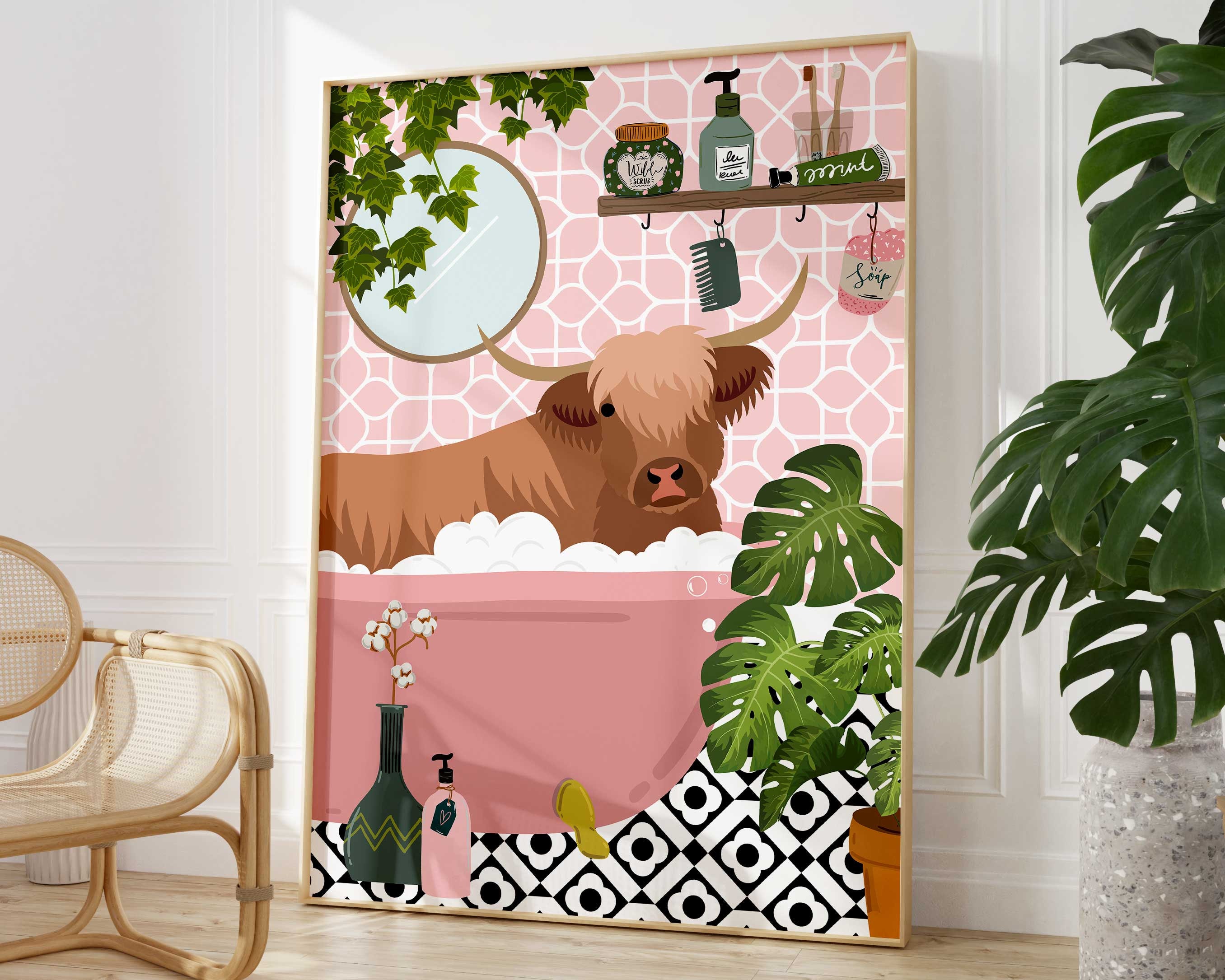 Highland Cow Bathroom Wall Art, Funny Animal Lootility Print, Pink ...