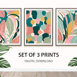 Tropical Leaves 3 Piece Wall Art Prints, Boho Botanical Abstract Leaf Print, Palm Leaf Colorful Wall Art, Maximalist Jungle Rainforest Decor