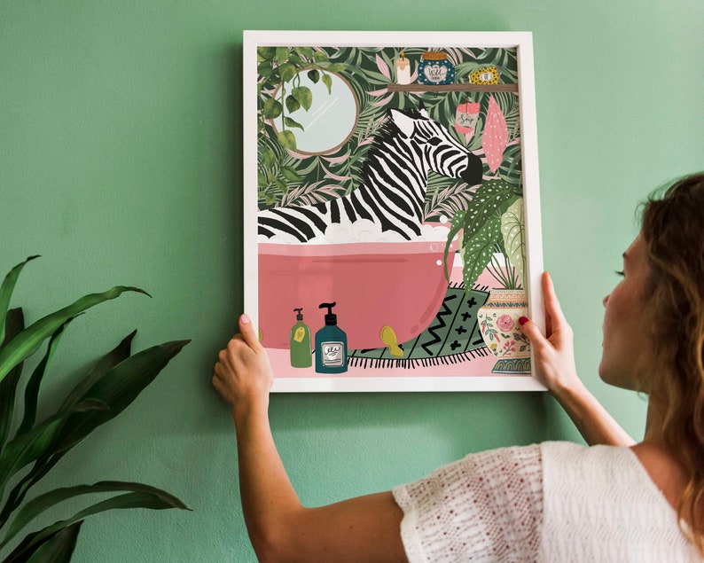 Zebra in Bathtub Boho Bathroom Print Maximalist Animal in Etsy UK
