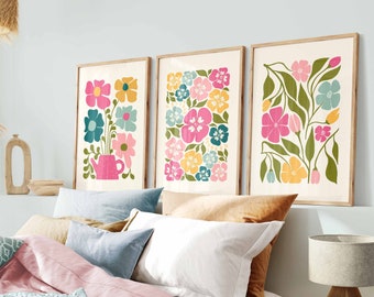 Set of 3 Abstract Flower Prints, Scandinavian Floral Wall Art, Pink Blue Yellow Floral Art, Modern Botanical Plant Prints, Living Room Decor