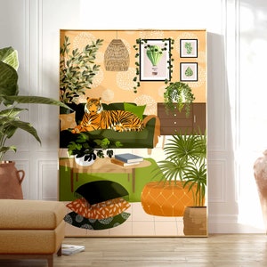 Terracotta Tiger Animal Print, Retro Living Room Wall Art, Maximalist Safari Jungle Animal Poster, Boho Home Decor, Botanical House Plants