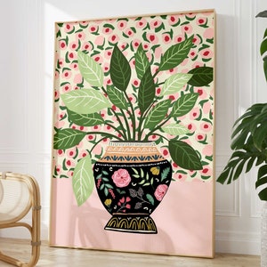 Jarrón antiguo con estampado de plantas modernas, jarrón floral rosa, arte de pared de plantas botánicas, peculiar estampado de plantas de interior, póster de macetas de plantas mediterráneas