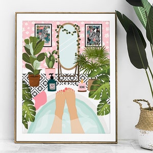 May include: A framed art print depicts a relaxing bathroom scene. The illustration features a bathtub with feet, surrounded by plants, a mirror, and a pink floral wallpaper. The artwork includes a soap dispenser, a candle, and two framed pictures with zebra prints.