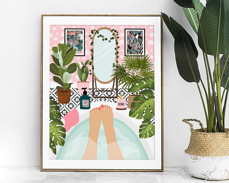 May include: A framed art print depicts a relaxing bathroom scene. The illustration features a bathtub with feet, surrounded by plants, a mirror, and a pink floral wallpaper. The artwork includes a soap dispenser, a candle, and two framed pictures with zebra prints.