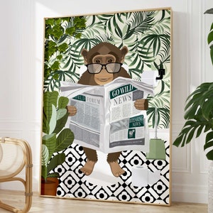 Monkey Bathroom Wall Art, Funny Animal Bathroom Prints, Toilet Art Bathroom Decor, Maximalist Wall Art, Tropical Bathroom Poster, Funny Gift