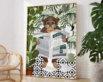 Monkey Bathroom Wall Art, Funny Animal Bathroom Prints, Toilet Art Bathroom Decor, Maximalist Wall Art, Tropical Bathroom Poster, Funny Gift