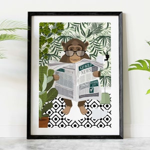 Monkey on Toilet Print, Animal on Toilet Fun Bathroom Wall Art, Jungle Animal Botanical Bathroom Humour Art Print, Animal Reading Newspaper
