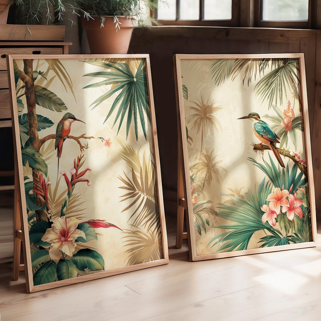 Set of 2 Vintage Botanical Bird Posters, Tropical Flowers Botanical ...