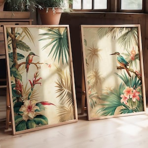Conjunto de 2 carteles de aves botánicas vintage, estampados de plantas botánicas de flores tropicales, decoración vintage, decoración floral exótica, arte de pared Cottagecore
