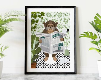 Monkey on Toilet Boho Bathroom Print, Animal on Toilet Fun Bathroom Wall Art, Jungle Botanical Bathroom Humour Art Decor, Cloakroom Wall Art