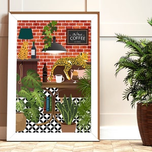 Coffee Bar Print, Coffee Shop Backdrop Leopard Print, Coffee Printable Wall Art, Bold Botanical Animal Art, Maximalist Coffee Lover Decor image 2