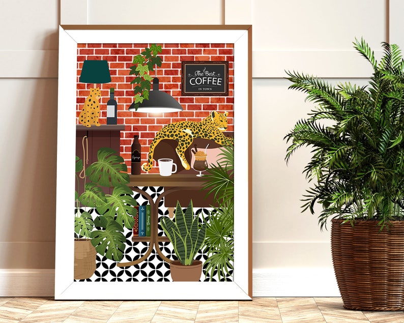 Coffee Bar Print, Coffee Shop Backdrop Leopard Print, Coffee Printable Wall Art, Bold Botanical Animal Art, Maximalist Coffee Lover Decor image 2
