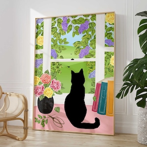 May include: A black cat sits in front of a window with a view of a green field and a blue sky. The window is framed by white trim and surrounded by a floral pattern. The cat is looking out the window.