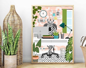 Home Office Decor Zebra Animal Print, Colourful Modern Office Desk Wall Art, Funny Botanical Maximalist Office Poster, Work From Home Gift