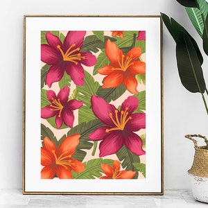 Arte de pared tropical rosa, estampado de flores abstractas modernas, estampado de mercado de flores, decoración tropical de arte de pared de flores, estampado floral botánico colorido