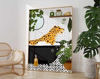 Gepard in der Badewanne Art Print, Botanische Dschungel Dekoration, Gefleckte Waschraum Wand Kunst, Große orange Katze Poster