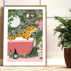 May include: A jungle-themed illustration of a leopard taking a bath in a pink bathtub with bubbles. The leopard is surrounded by lush green foliage and a pink and green patterned rug.