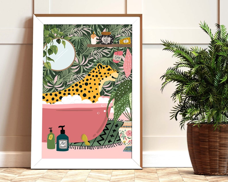 May include: A jungle-themed illustration of a leopard taking a bath in a pink bathtub with bubbles. The leopard is surrounded by lush green foliage and a pink and green patterned rug.