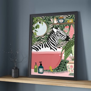 Zebra in Bathtub Tropical Boho Bathroom Print, Maximalist Animal in ...
